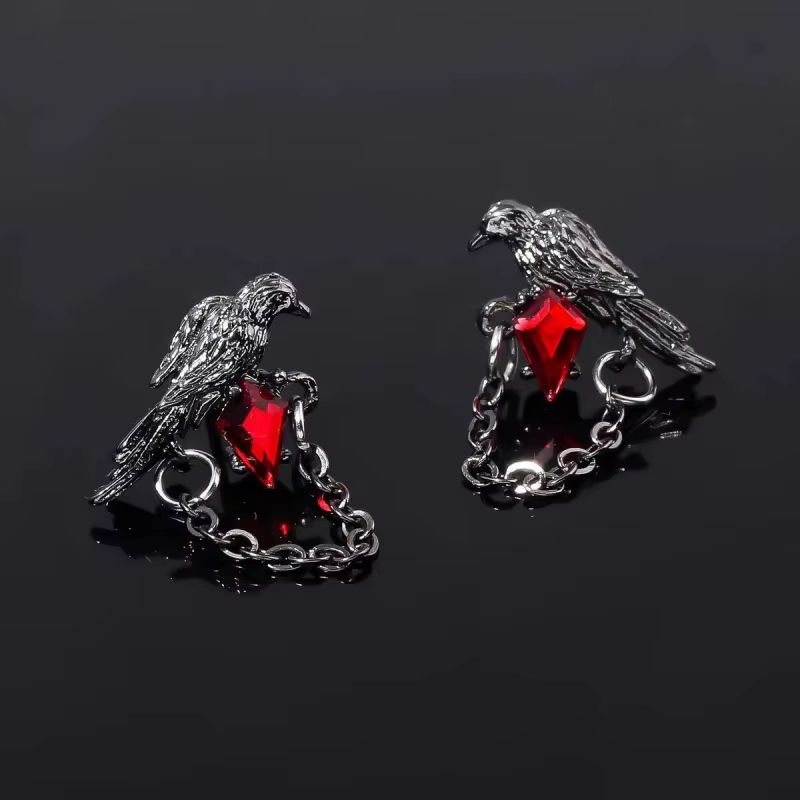 Red And Black Crow Earrings Vintage Dark Style Pair 1