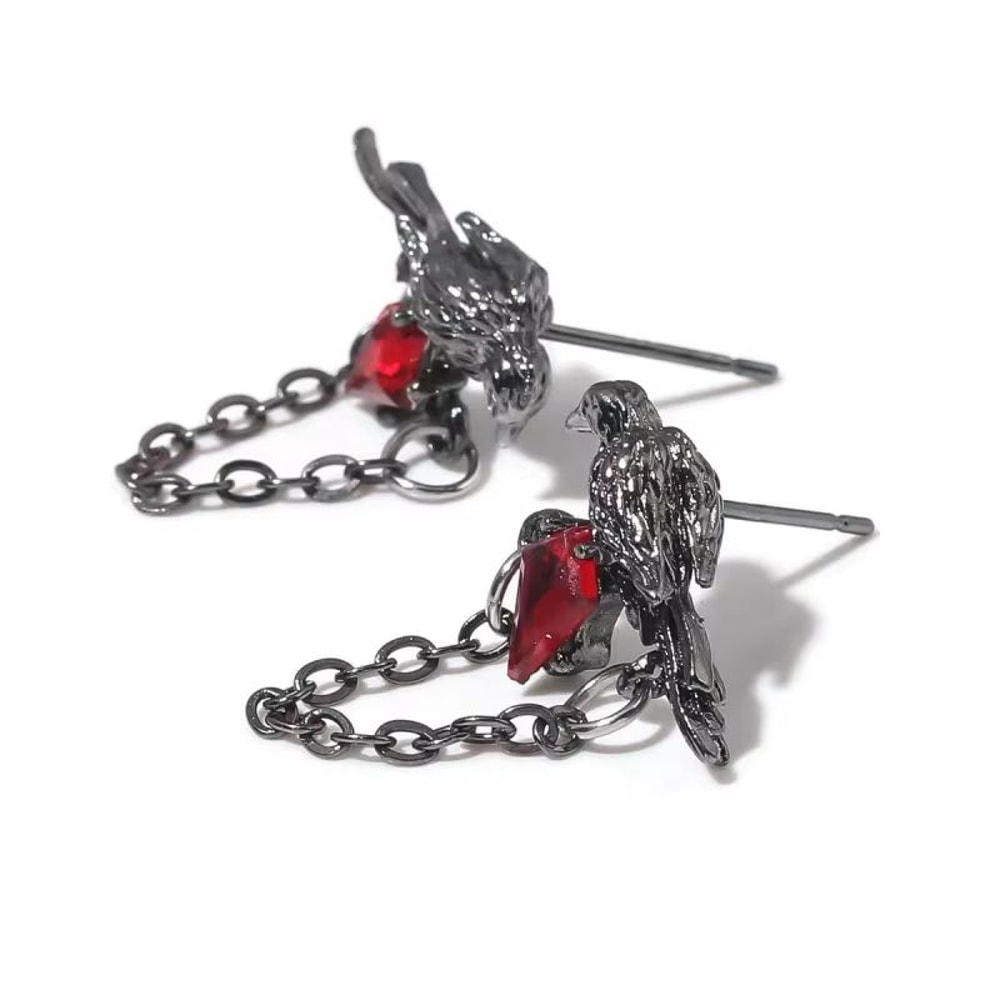 Red And Black Crow Earrings Vintage Dark Style Pair 2