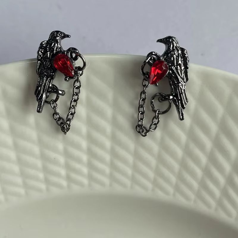 Red And Black Crow Earrings Vintage Dark Style Pair 3