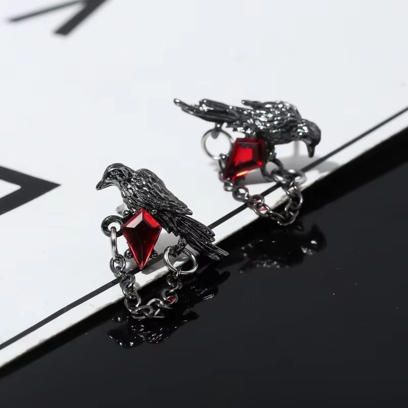 Red And Black Crow Earrings Vintage Dark Style Pair 4