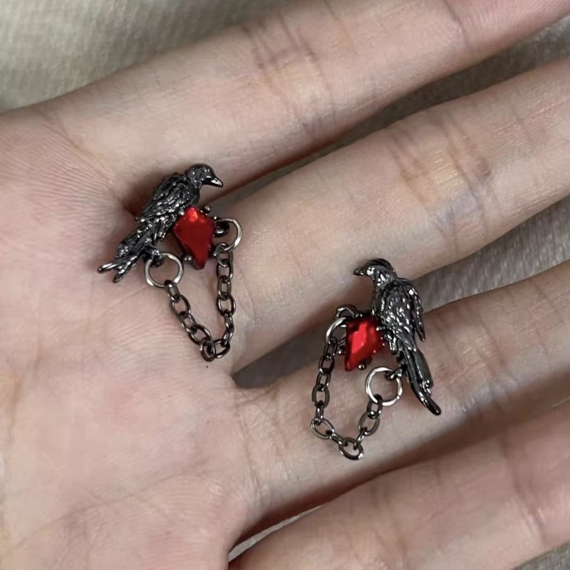 Red And Black Crow Earrings Vintage Dark Style Pair 5