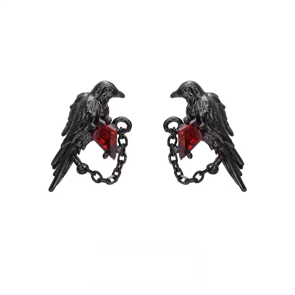 Red And Black Crow Earrings Vintage Dark Style Pair 6