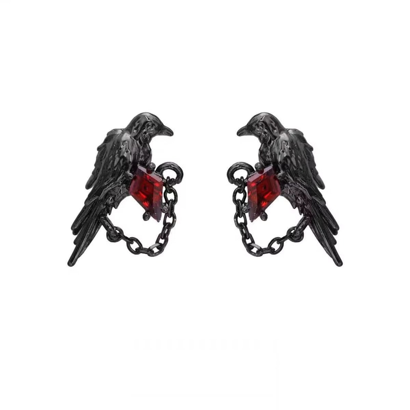 Red And Black Crow Earrings Vintage Dark Style Pair 6