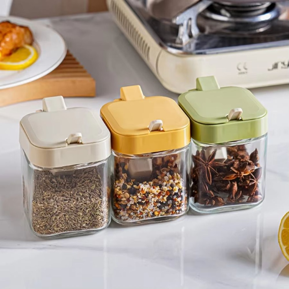 Clear Glass Spice And Seasoning Jar With Spoon For Kitchen Storage 1