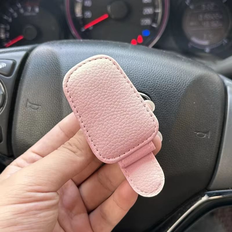 PU Leather Car Visor Clip Sunglasses And Card Organizer 3