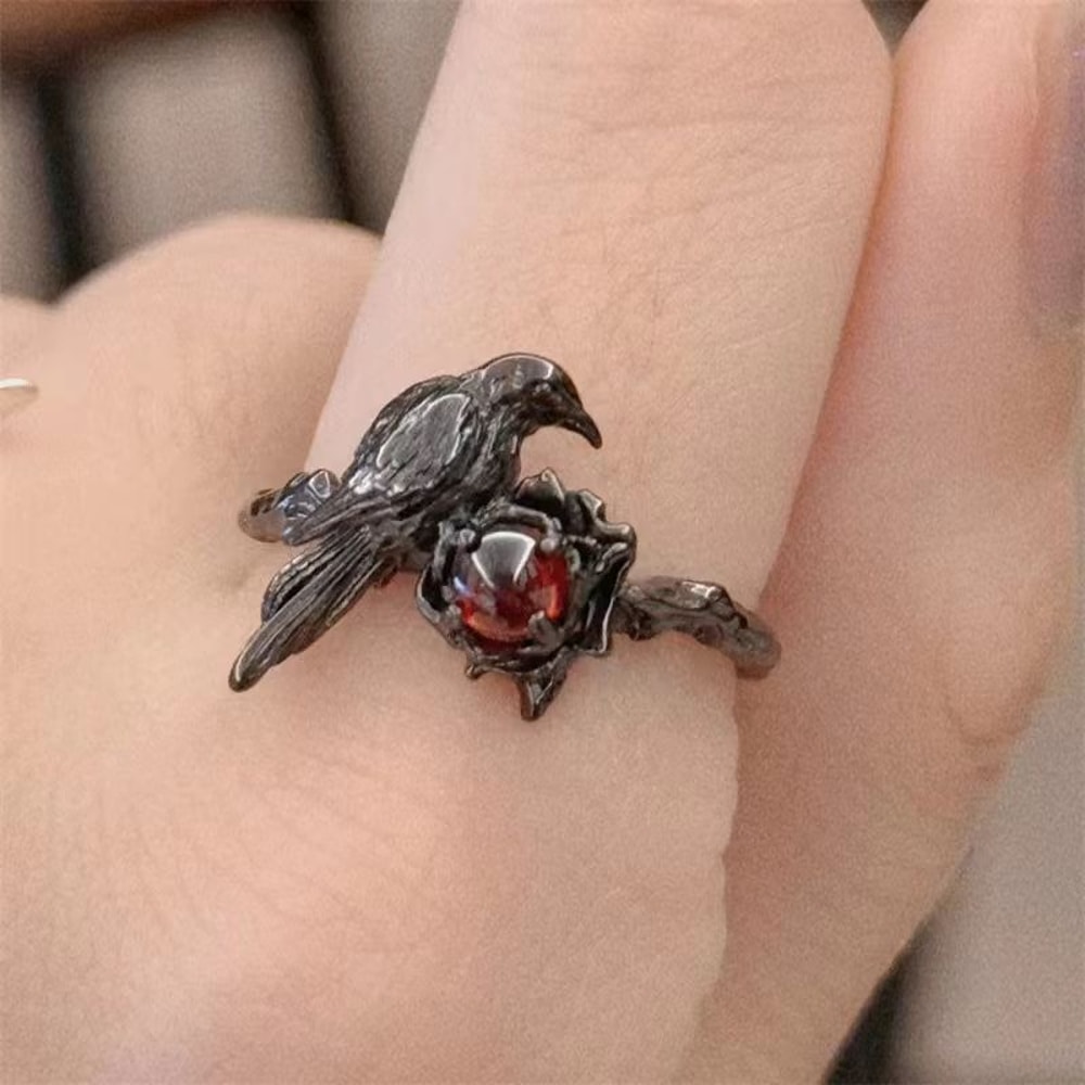 Halloween Dark Style Black Thorn Crow Adjustable Ring 0
