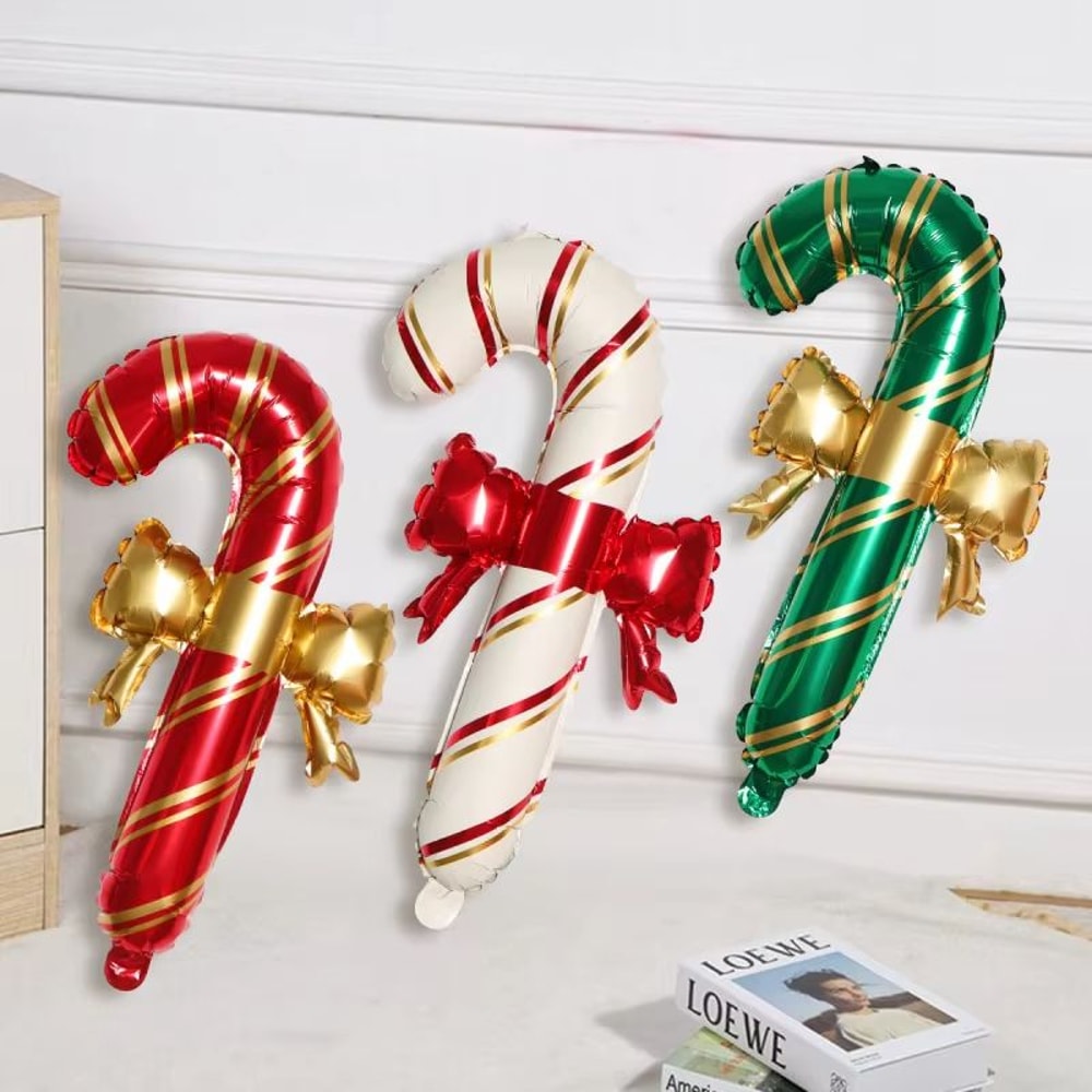 Set Of 2 Red Green White Christmas Bow Cane Balloons For Holiday Decor 0