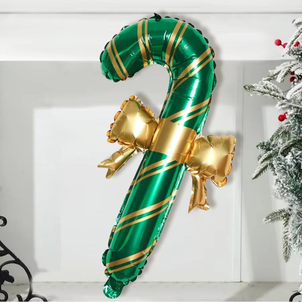 Set Of 2 Red Green White Christmas Bow Cane Balloons For Holiday Decor 6