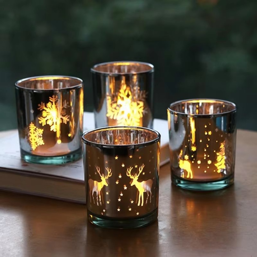 Mini Christmas Tree Elk Glass Candle Holder Festive Snowflake Candle Cup For Holiday Decor 0