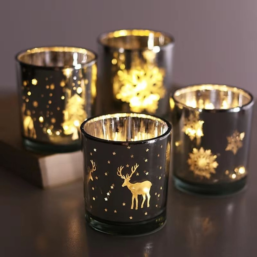 Mini Christmas Tree Elk Glass Candle Holder Festive Snowflake Candle Cup For Holiday Decor 1