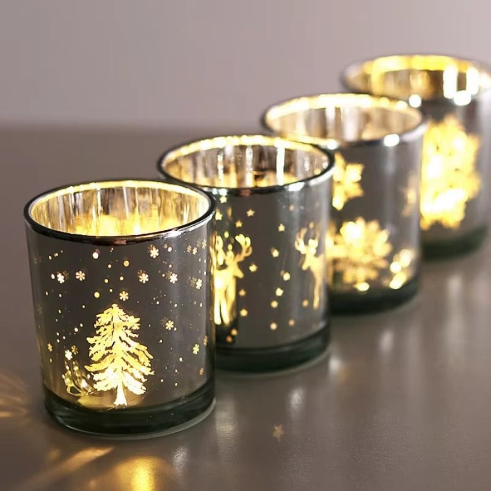 Mini Christmas Tree Elk Glass Candle Holder Festive Snowflake Candle Cup For Holiday Decor 2