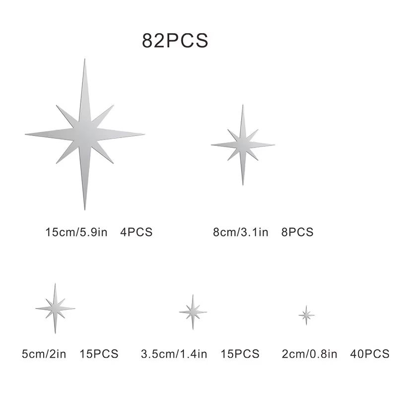 82Piece Acrylic Mirror Wall Stickers 3D Star Wall Decor SelfAdhesive For Home Bedroom Living Room 2