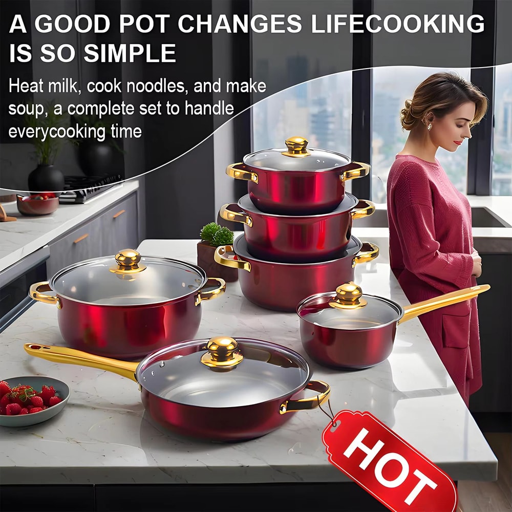 Red Stainless Steel Cookware Set 12 Piece Nonstick Pots And Pans Kitchen Cookware Collection 3