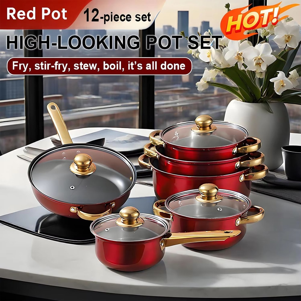 Red Stainless Steel Cookware Set 12 Piece Nonstick Pots And Pans Kitchen Cookware Collection 6