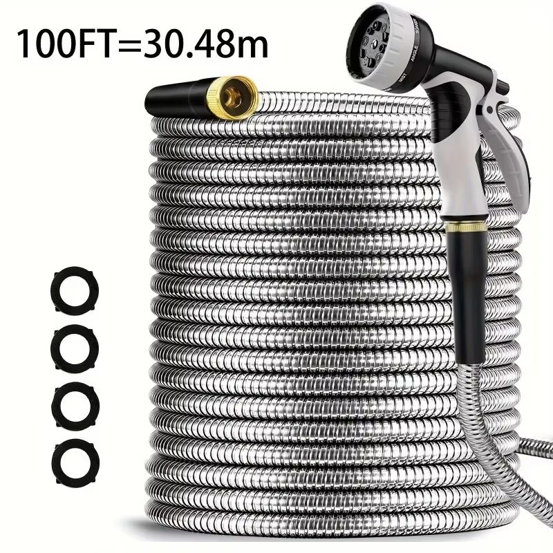 Heavy Duty Garden Hose With Stainless Steel Pipe And Adjustable 10Function Spray Nozzle 0