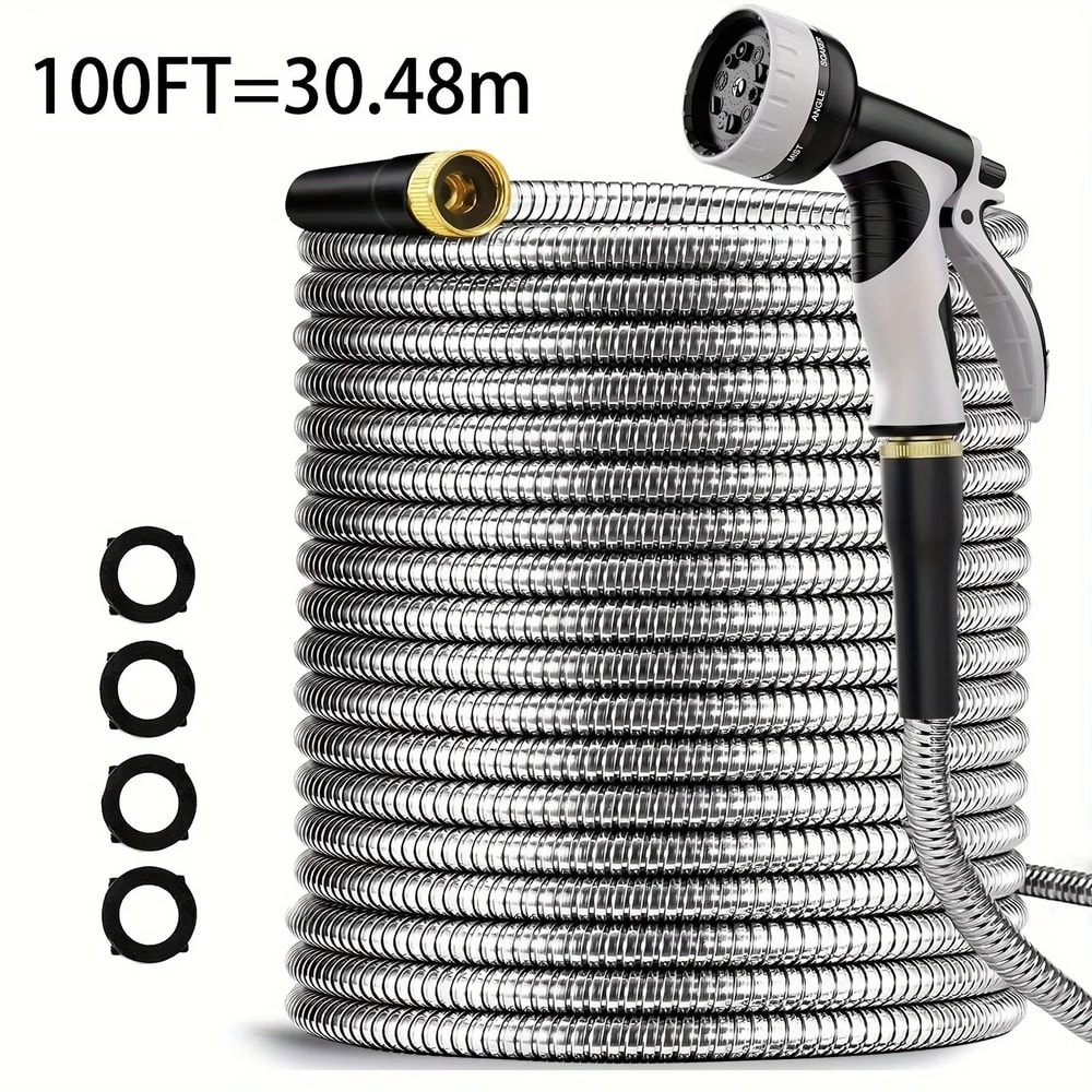 Heavy Duty Garden Hose With Stainless Steel Pipe And Adjustable 10Function Spray Nozzle 6