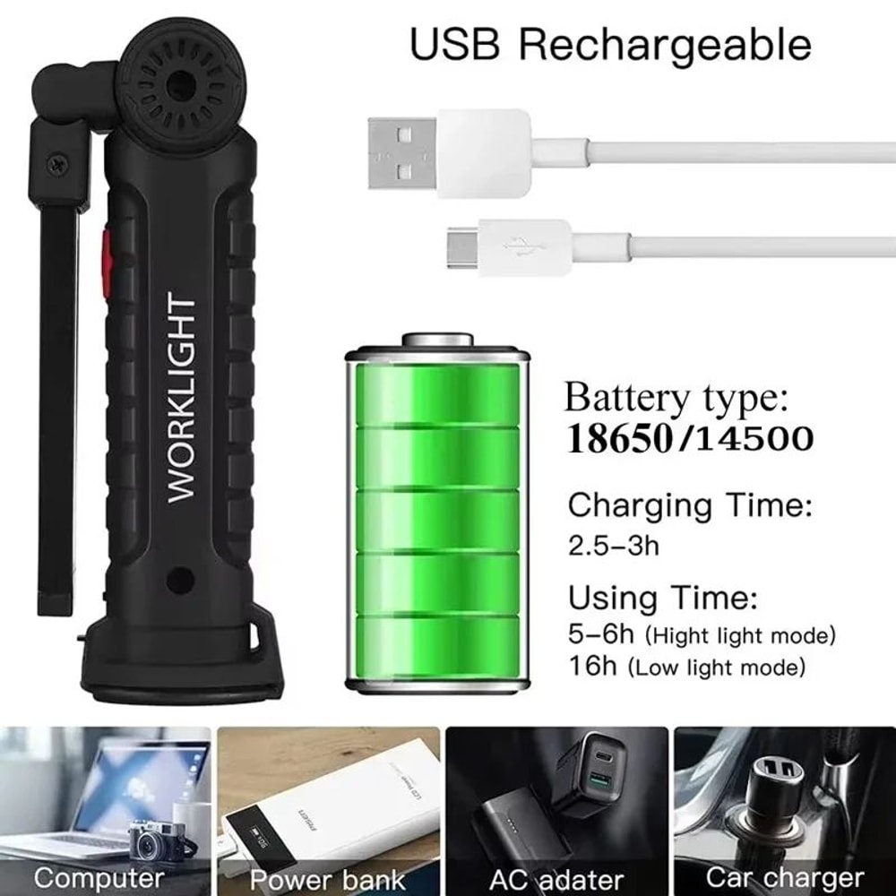 USB Rechargeable Dimmable COB LED Work Light With Magnet And Hook 5