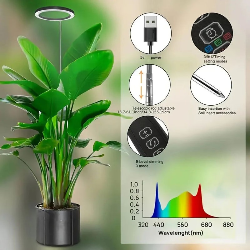 165cm 65in Adjustable Full Spectrum LED Ring Grow Light For Indoor Plants USB Powered Plant Light 4