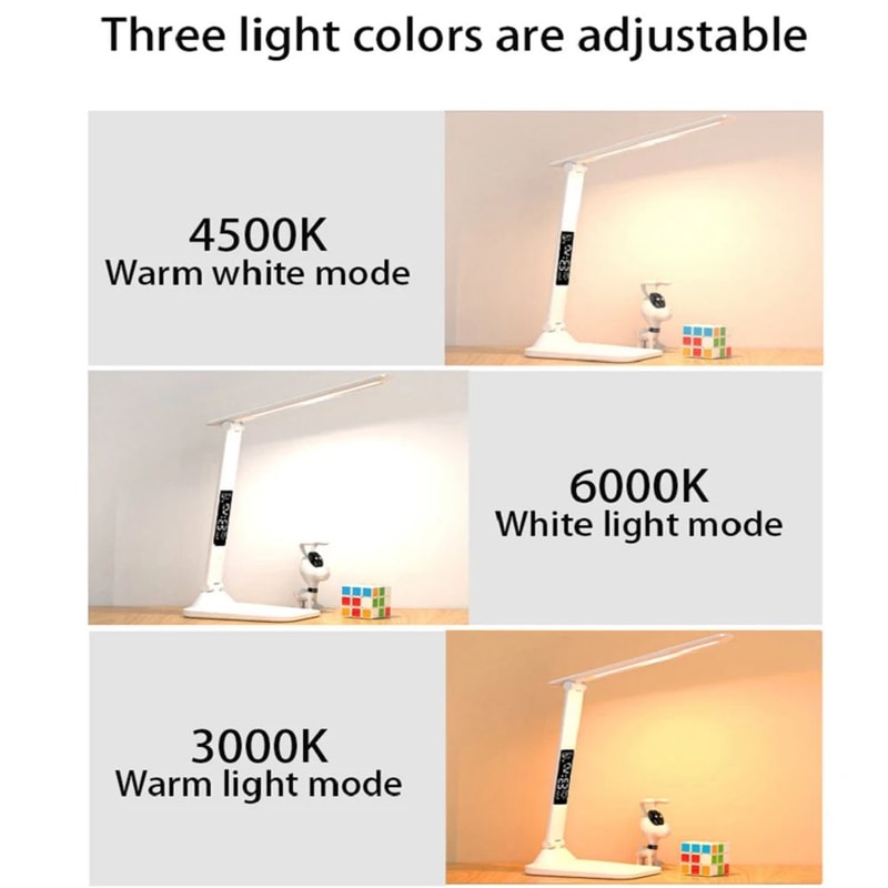 USB Charging Folding LED Desk Lamp With Touch Dimming Alarm Clock And Thermometer 3