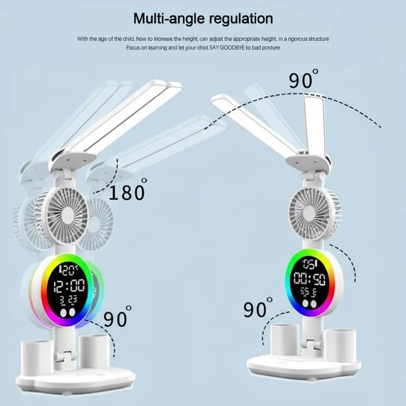 USB Charging LED Table Lamp With Adjustable Brightness Fan And Clock Display 1
