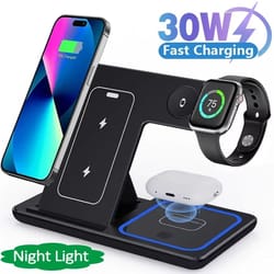 30w foldable 3-in-1 led fast wireless charging stand for iphone watch and airpods