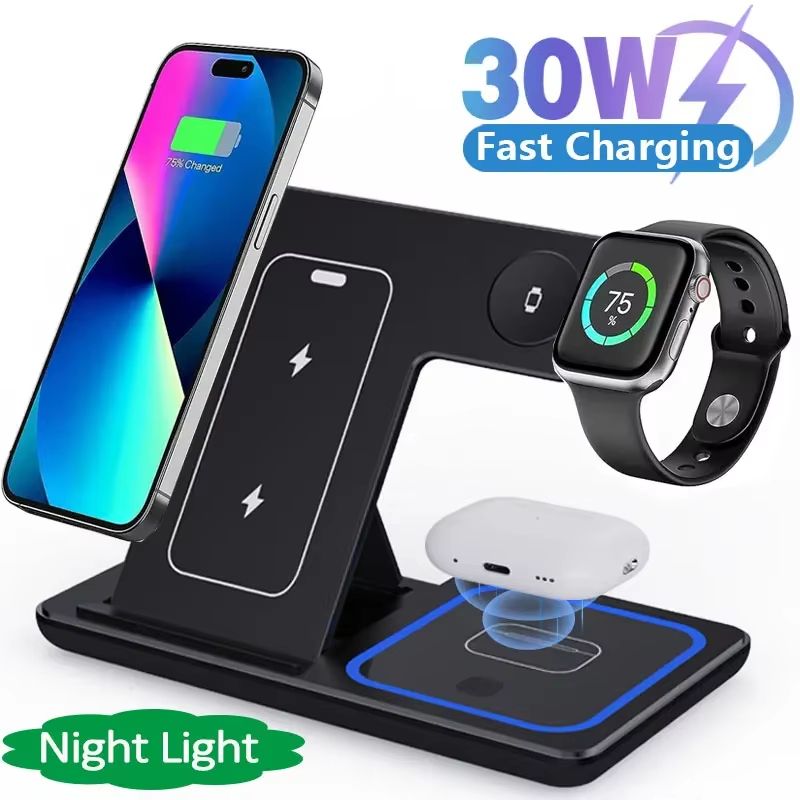 30W Foldable 3in1 LED Fast Wireless Charging Stand For IPhone Watch And AirPods 0