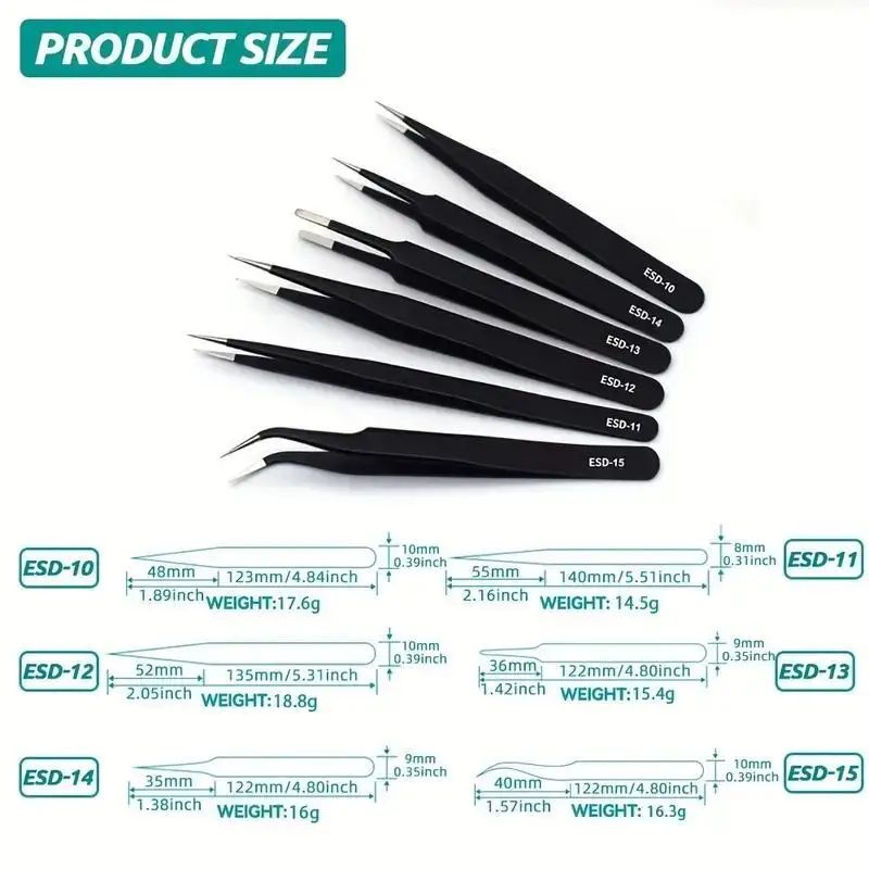 6 Pcs Precision Long ESD Stainless Steel Tweezers Set For Electronics And Repair 3