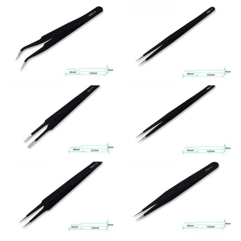 6 Pcs Precision Long ESD Stainless Steel Tweezers Set For Electronics And Repair 5
