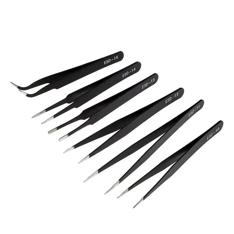 6 Pcs Precision Long ESD Stainless Steel Tweezers Set For Electronics And Repair 6