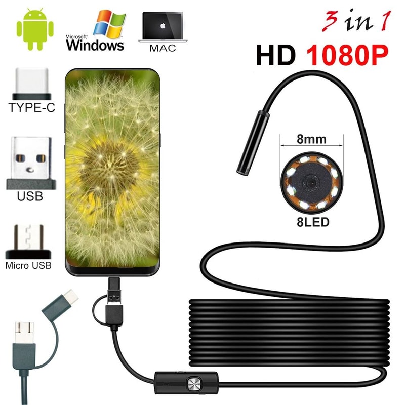 8 Mm USB Endoscope Camera 1080p HD With LED Lights And Flexible Waterproof Cable 0