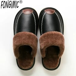 men's waterproof winter leather indoor warm slippers shoes