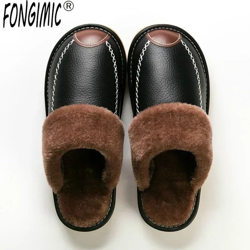Mens Waterproof Winter Leather Indoor Warm Slippers Shoes 0