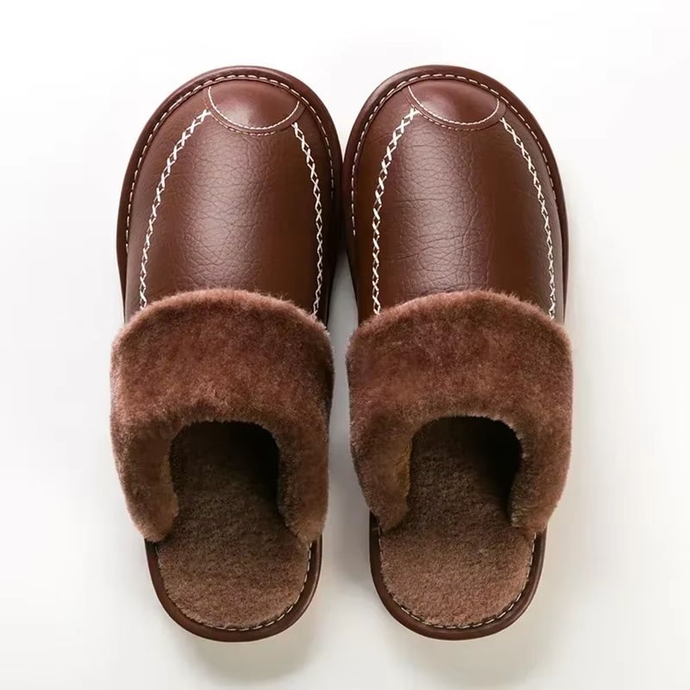 Mens Waterproof Winter Leather Indoor Warm Slippers Shoes 3