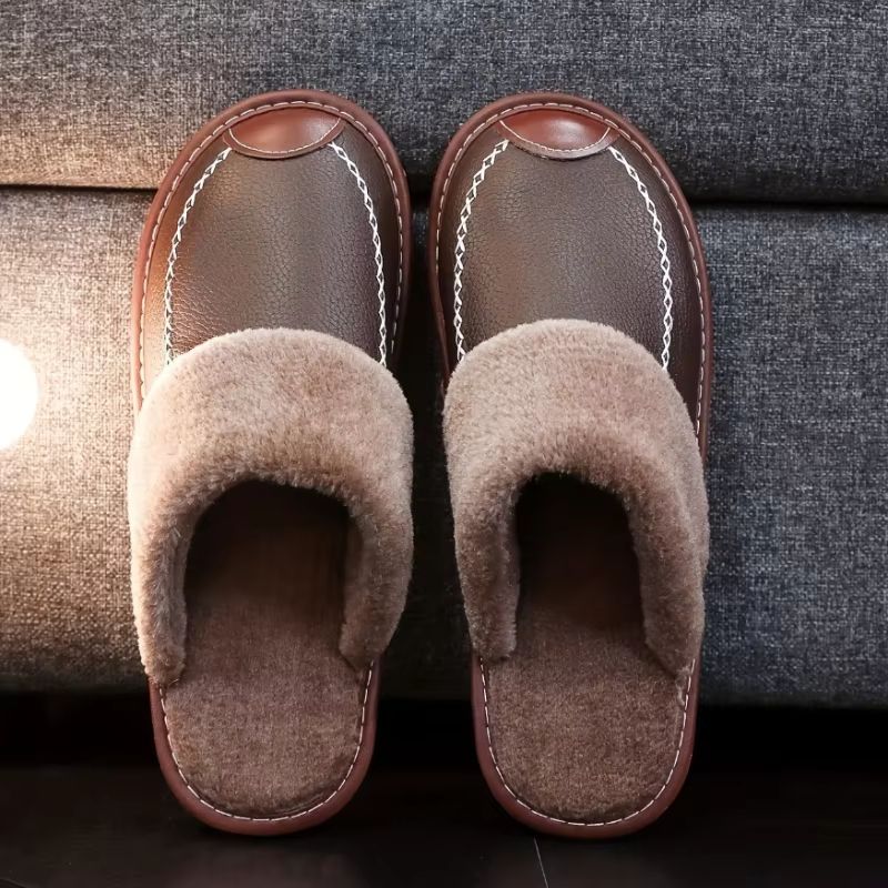 Mens Waterproof Winter Leather Indoor Warm Slippers Shoes 19