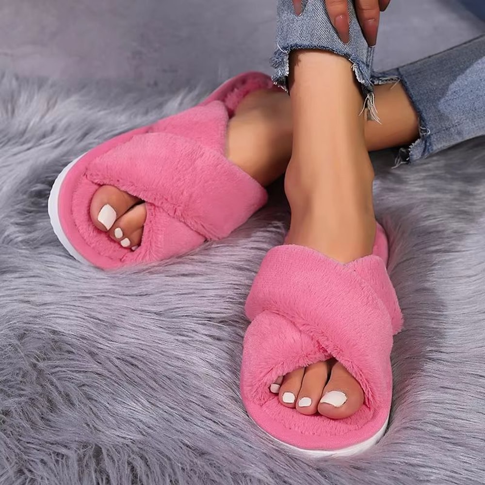 Womens Fluffy Open Toe NonSlip Flat Fur Slide Slippers 5