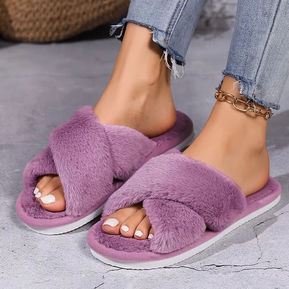 Womens Fluffy Open Toe NonSlip Flat Fur Slide Slippers 9