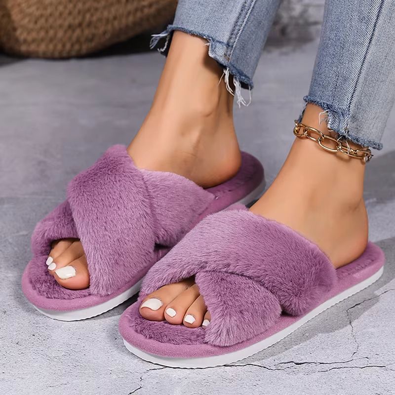 Womens Fluffy Open Toe NonSlip Flat Fur Slide Slippers 9