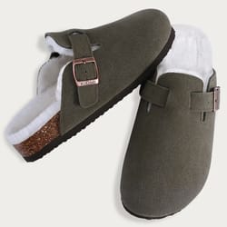 unisex suede clogs with arch support and cork footbed