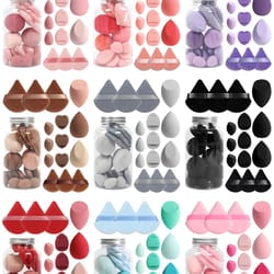 15 piece makeup puff set with loose powder puffs, mini makeup sponges, and air cushion puffs in travel cans