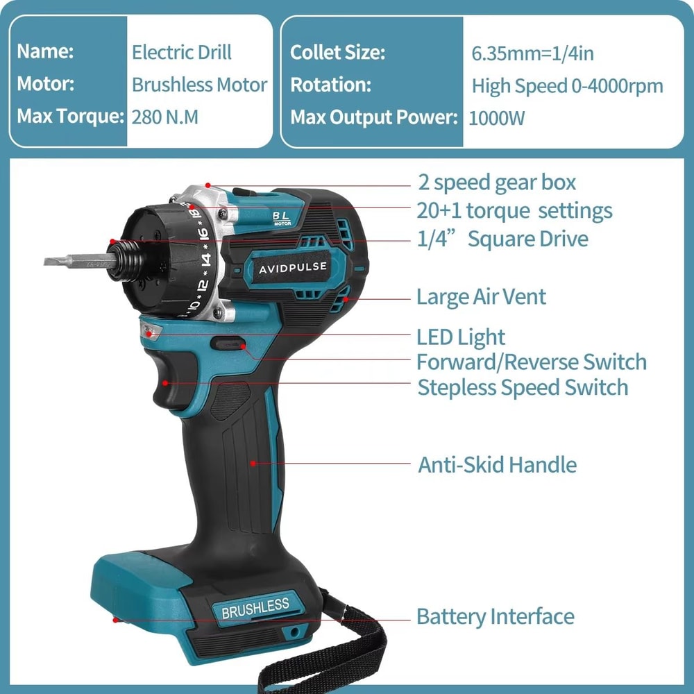AvidPulse 201 Torque 14 Brushless Cordless Voltage Power Screwdriver For Makita 18V Battery 5