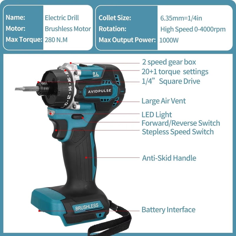 AvidPulse 201 Torque 14 Brushless Cordless Voltage Power Screwdriver For Makita 18V Battery 5