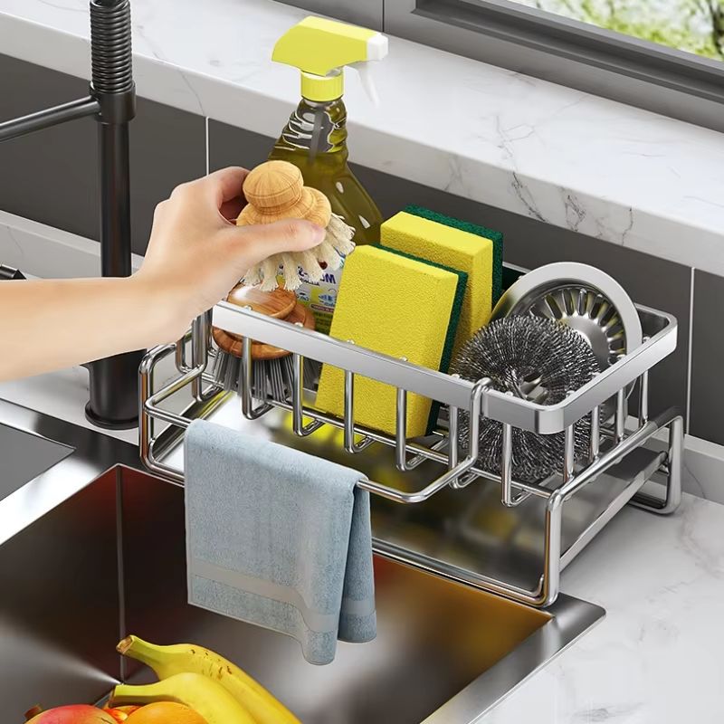 Stainless Steel Sink Drain Rack With Sponge Storage Faucet Soap Towel Organizer 8