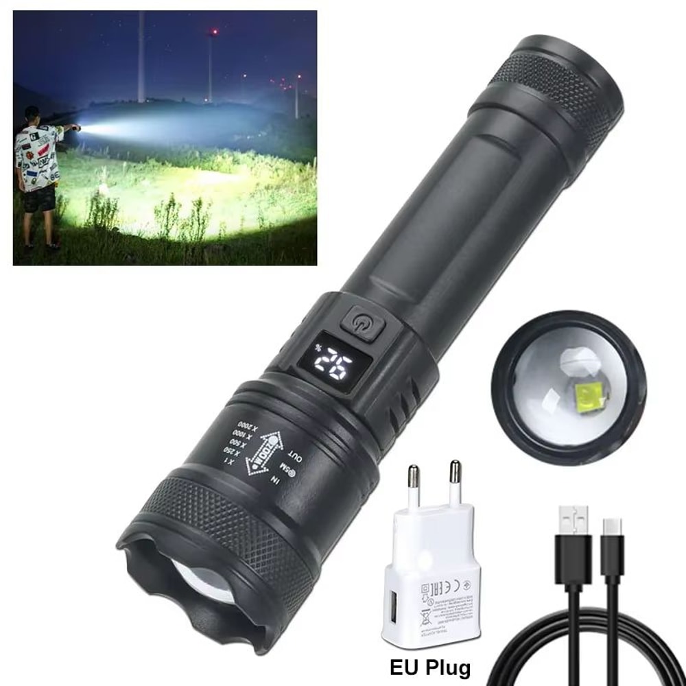 USB Rechargeable 2000LM Tactical LED Flashlight With Zoom And Display 7