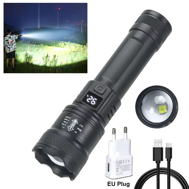 USB Rechargeable 2000LM Tactical LED Flashlight With Zoom And Display 7