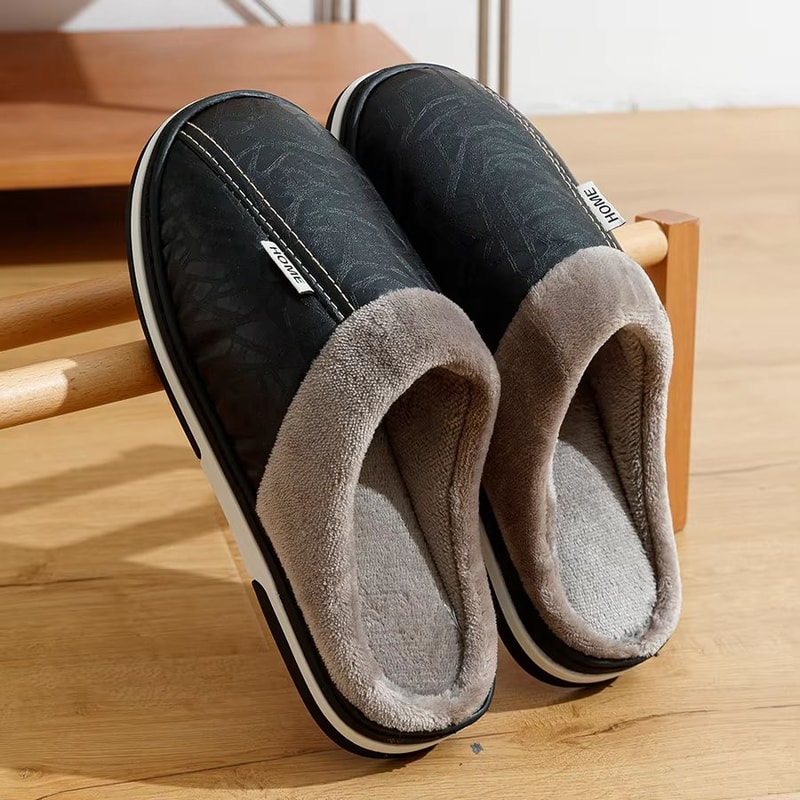 Big Size Mens Waterproof Winter Slippers PU Leather FurLined Home Shoes 1