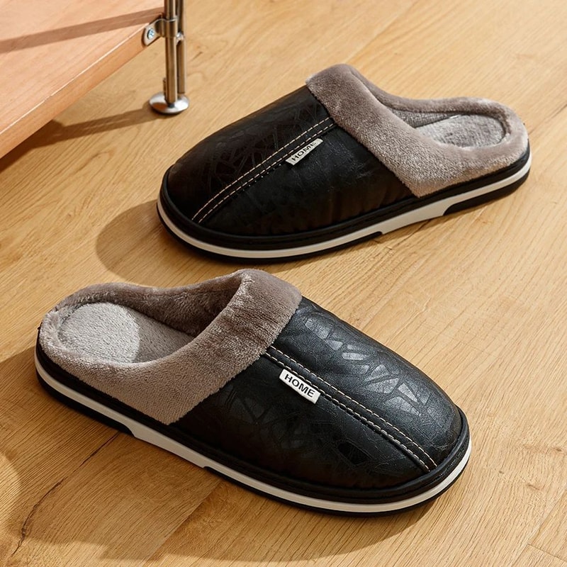 Big Size Mens Waterproof Winter Slippers PU Leather FurLined Home Shoes 2