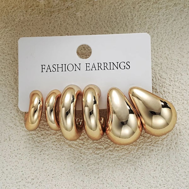 6Piece Chunky Gold Plated Waterdrop Hoop Earrings For Women 11
