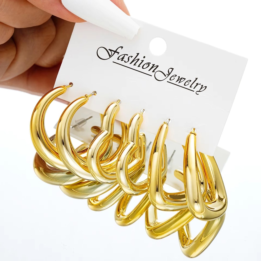 6Piece Chunky Gold Plated Waterdrop Hoop Earrings For Women 12