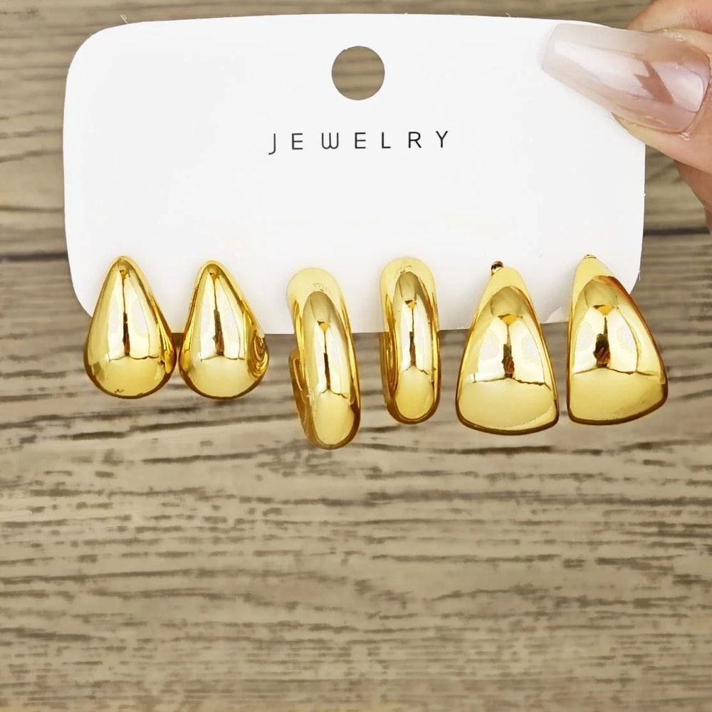 6Piece Chunky Gold Plated Waterdrop Hoop Earrings For Women 1