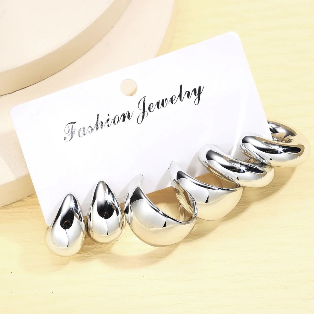 6Piece Chunky Gold Plated Waterdrop Hoop Earrings For Women 3